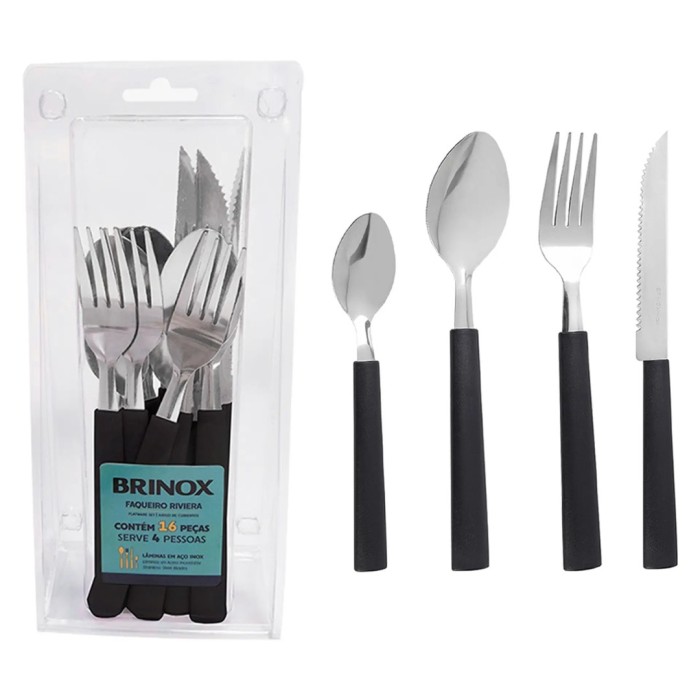 Faqueiro 16 Peças Brinox Aço Inox Riviera - Preto